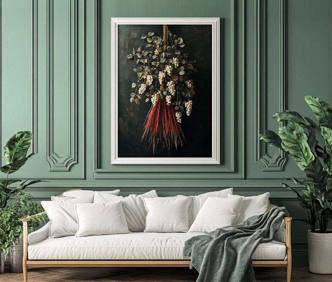 Hanging White Berries Botanical Bouquet on Dark Minimal Art Poster - Image 2