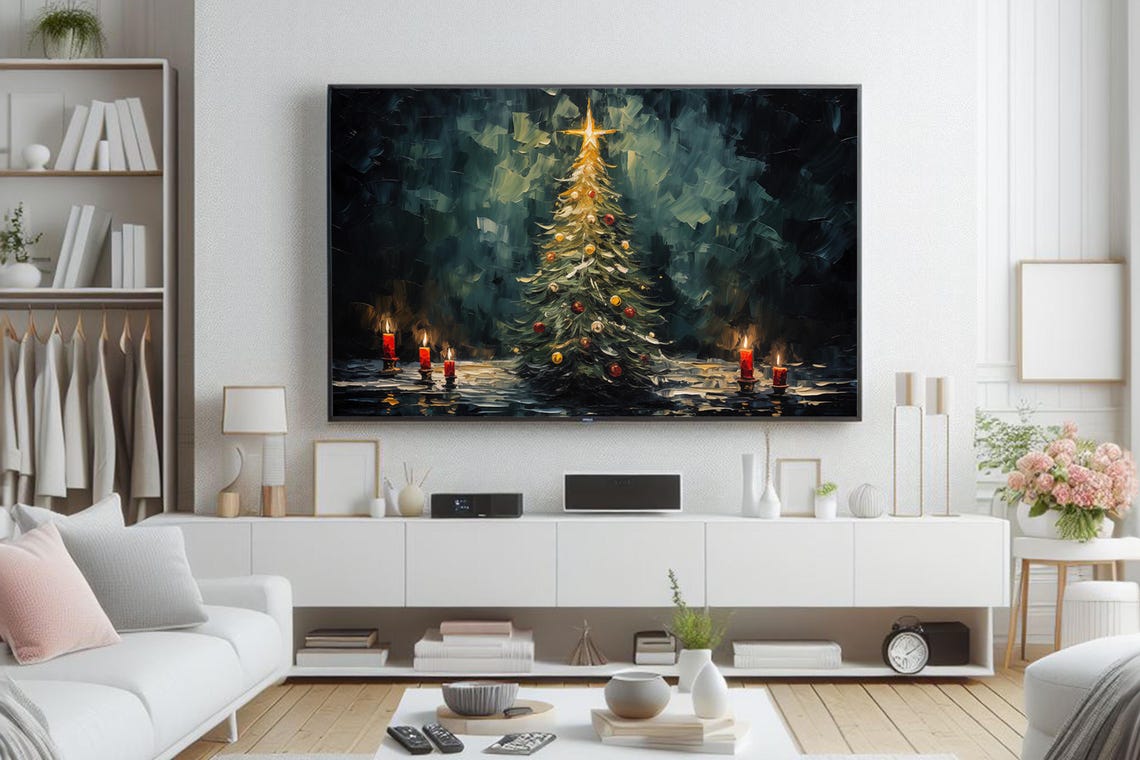 Impasto Christmas Tree With Glowing Star And Red Candles Night Poster - Image 7