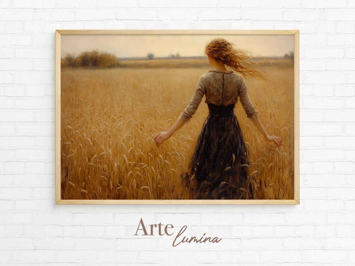 Woman In Dark Dress Amid Golden Wheat Field Windswept Vintage Art Poster - Image 7