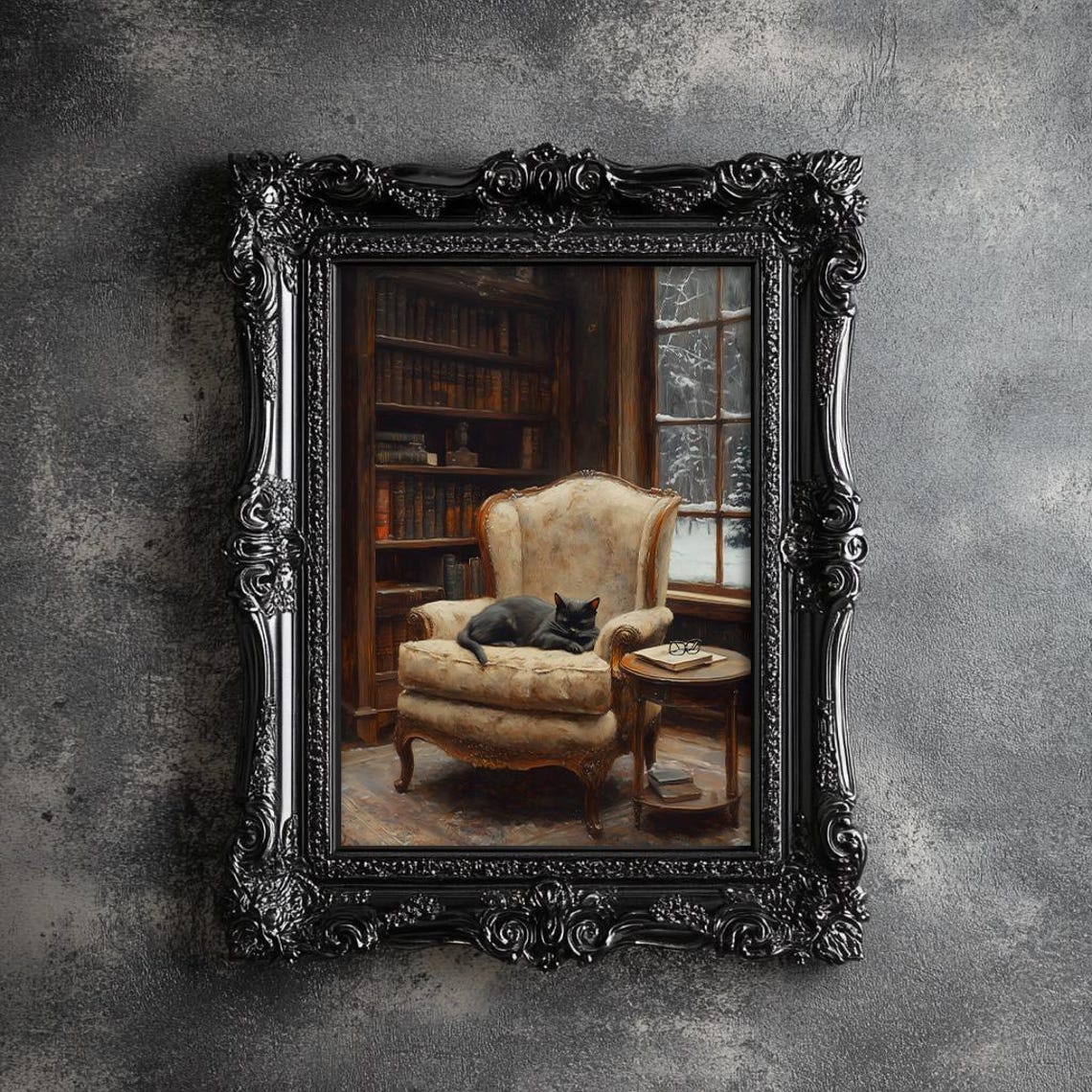 Black Cat Sleeping In Library Print Cozy Wall Art Sleeping Cat Painting Cat Wall Art Wall Decor Print 69