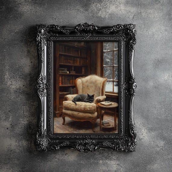 Black Cat Sleeping In Library Print Cozy Wall Art Sleeping Cat Painting Cat Wall Art Wall Decor Print 69