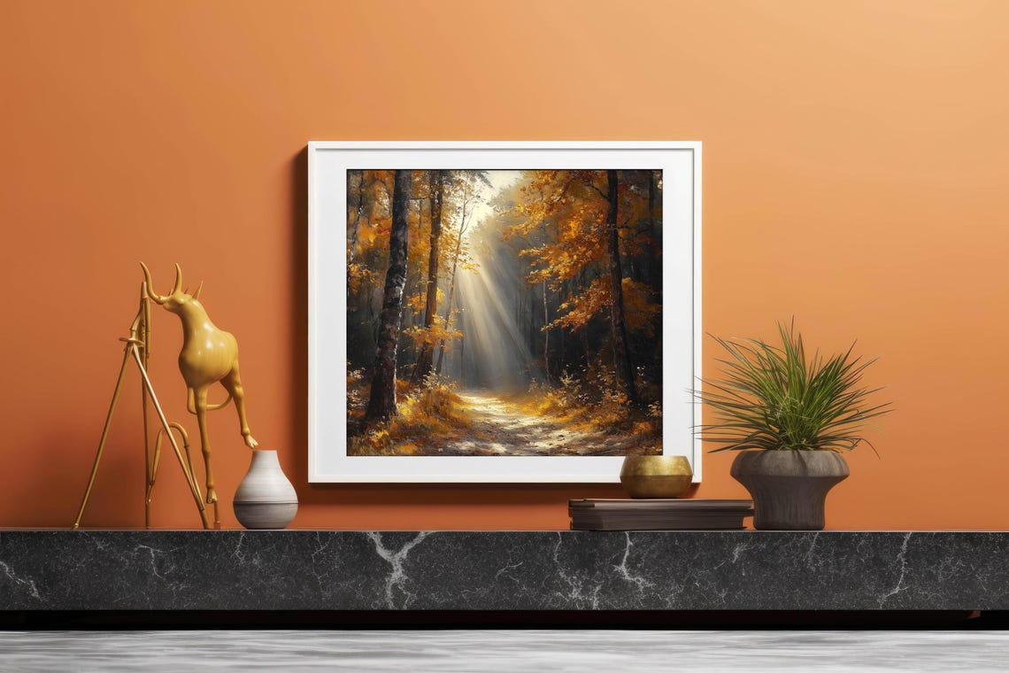 Sunbeams Through Autumn Forest Path Golden Fall Landscape Oil Poster - Image 6