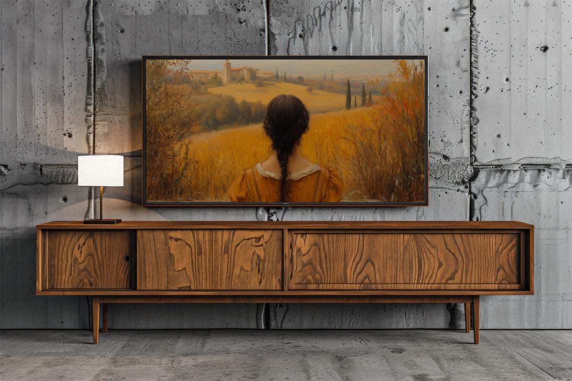 Girl Overlooking Golden Countryside With Distant Village Poster - Image 7
