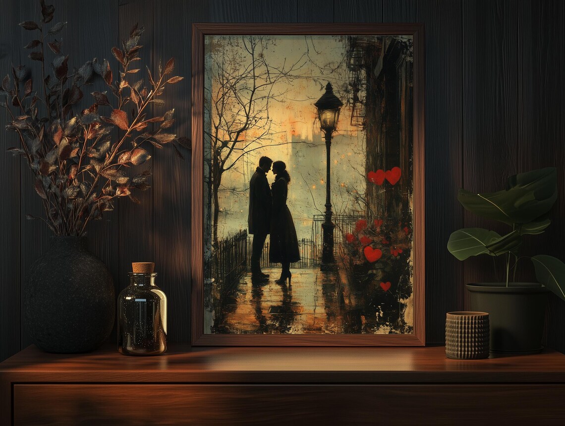Romantic City Lovers Kiss on a Rainy Lamplit Street at Night Poster - Image 7