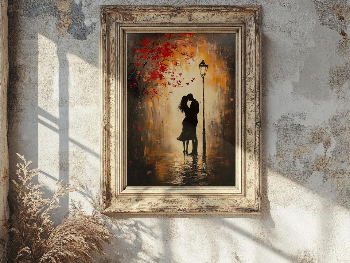 Romantic Kiss Under a Glowing Rainy Streetlamp Vintage Poster