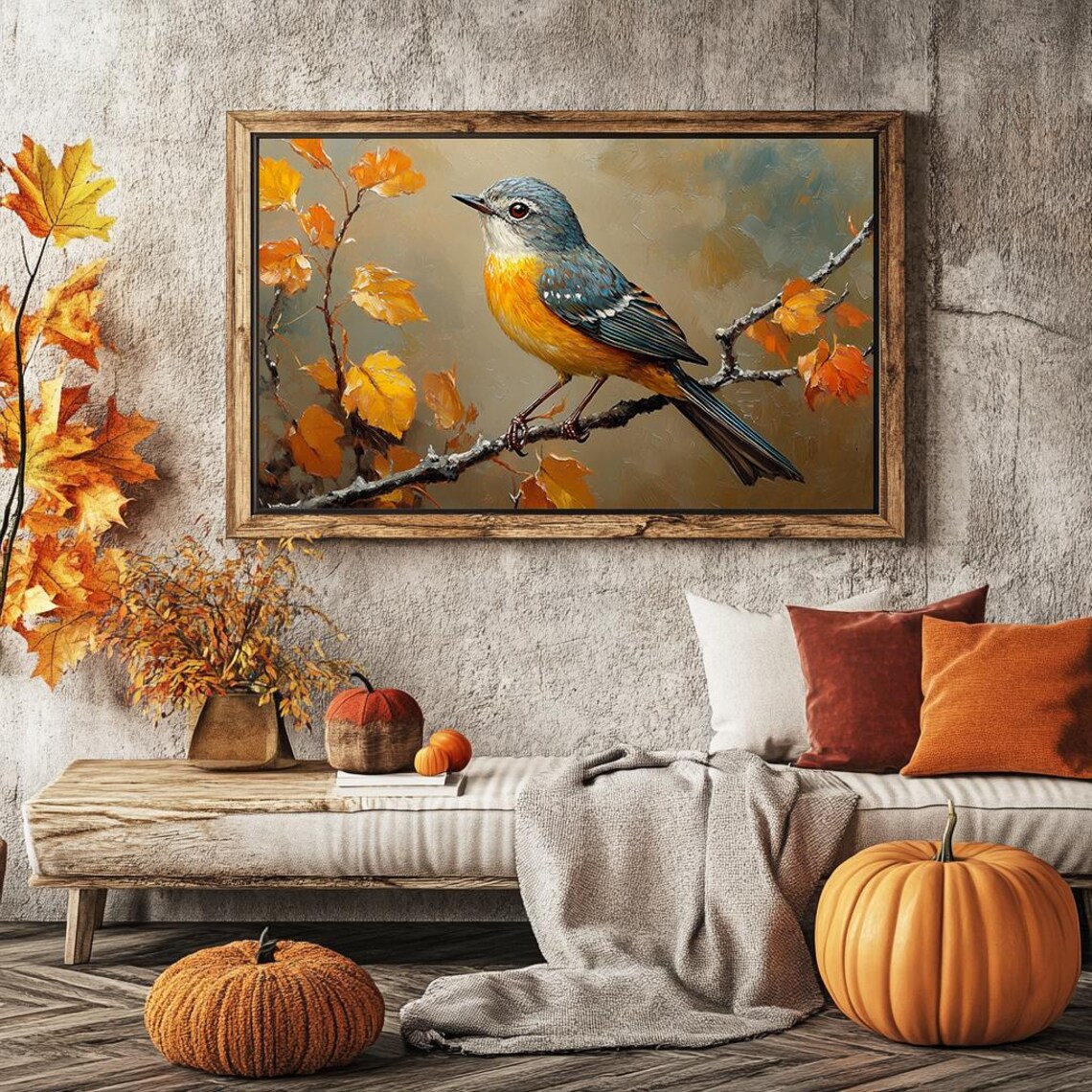 Orange Breasted Songbird On Branch With Autumn Leaves Oil Style Poster - Image 7