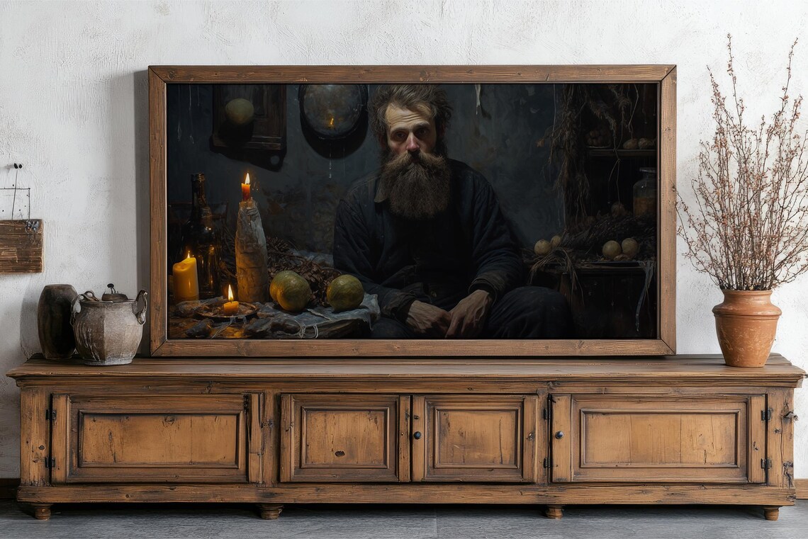 Bearded Man By Candlelight In Dark Rustic Room Moody Oil Painting Poster - Image 6