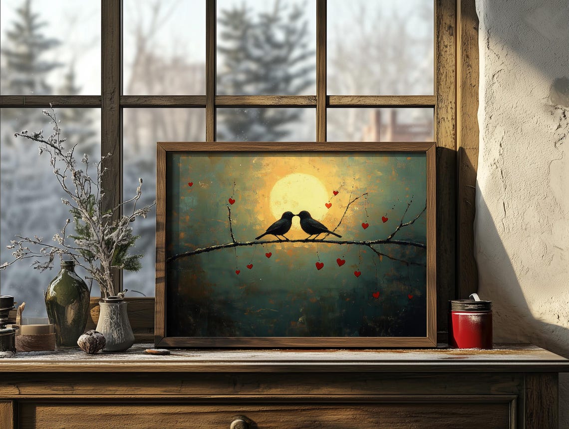 Two Lovebirds Kissing on a Branch Under a Golden Full Moon Poster - Image 5