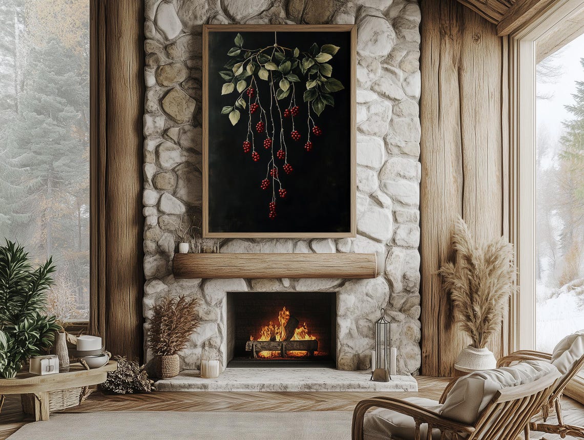 Cascading Dark Red Berries Botanical Branch Moody Art Poster - Image 3