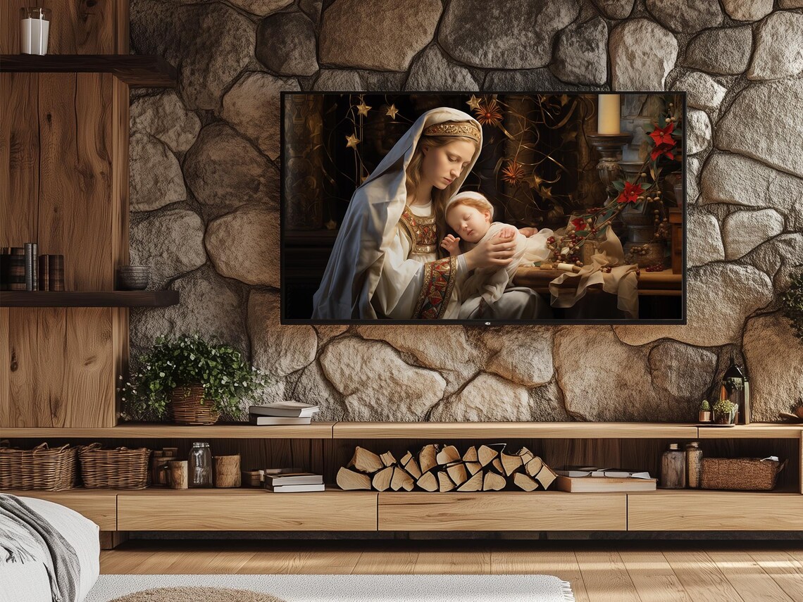 Madonna And Child With Candles And Poinsettias Christmas Art Poster - Image 3