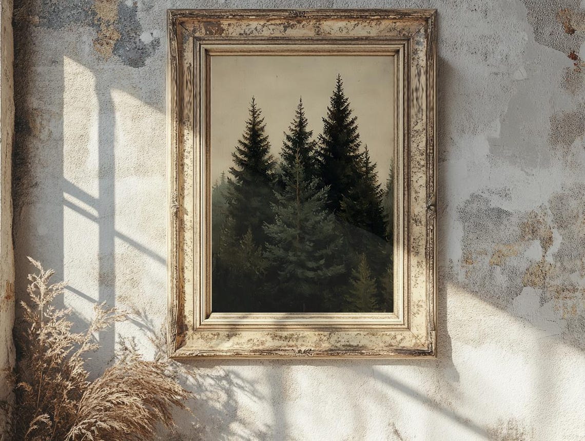 Vintage Forest Painting Rustic Pine Tree Wall Art Moody Dark Green Wall Decor Dark Academia Print 24 - Image 3