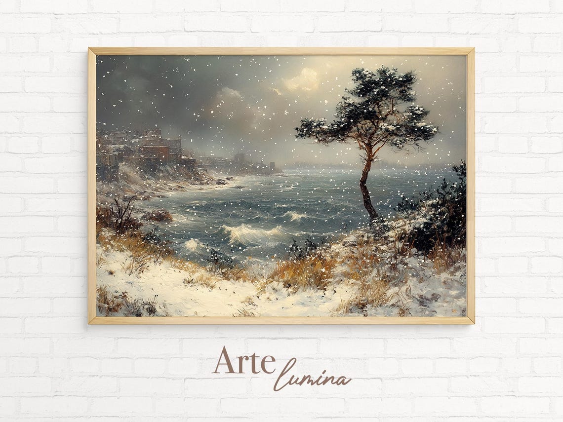 Snowy Seaside Pine Tree Winter Seascape Vintage Style Poster - Image 7