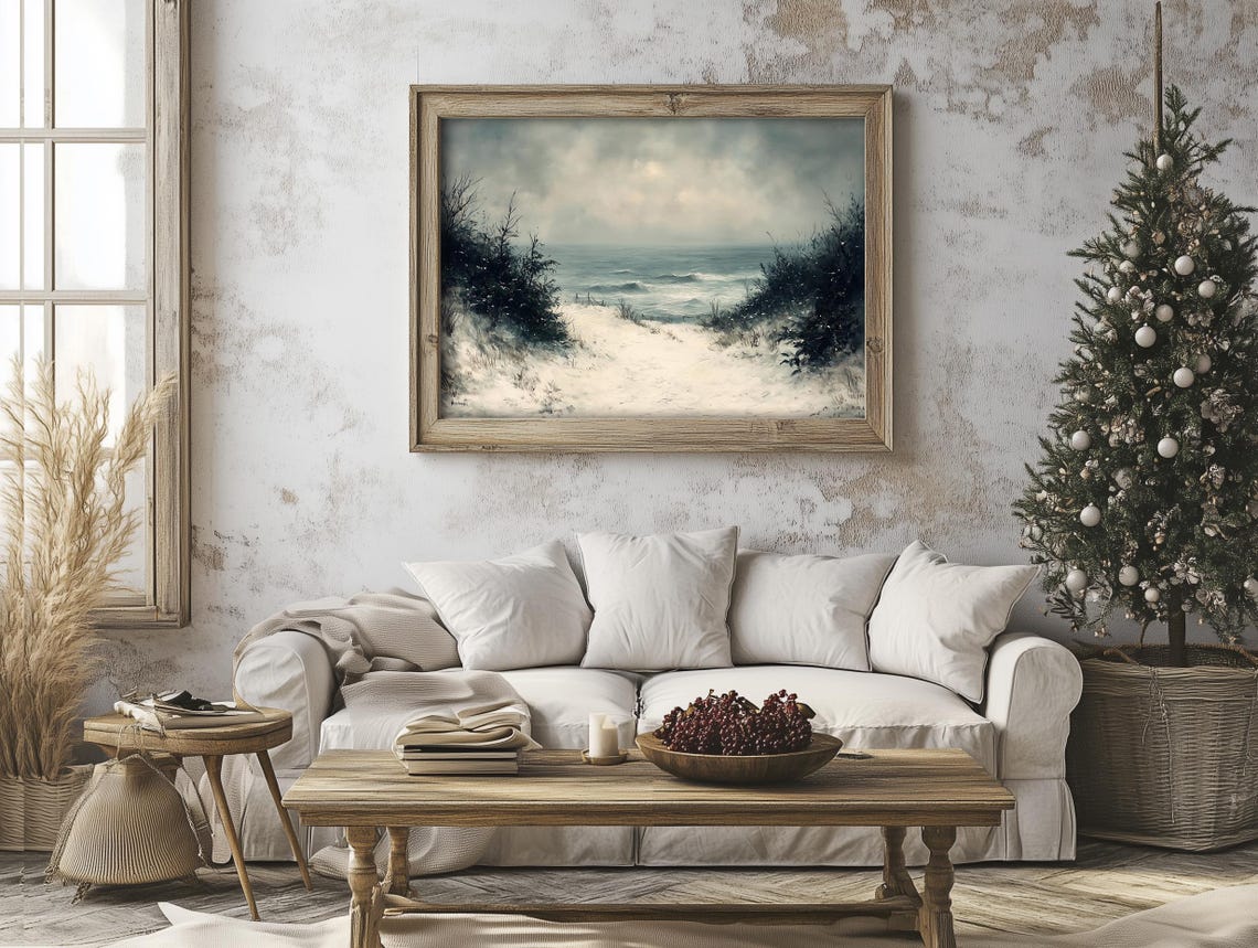 Snowy Beach Path Moody Winter Ocean Seascape Painting Poster - Image 6