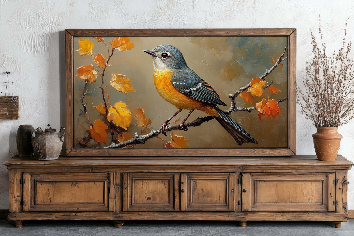 Orange Breasted Songbird On Branch With Autumn Leaves Oil Style Poster - Image 2