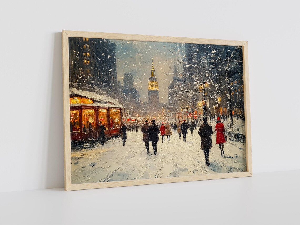 Snowy Vintage City Street With Glowing Tower Trolley And Crowds Poster - Image 4