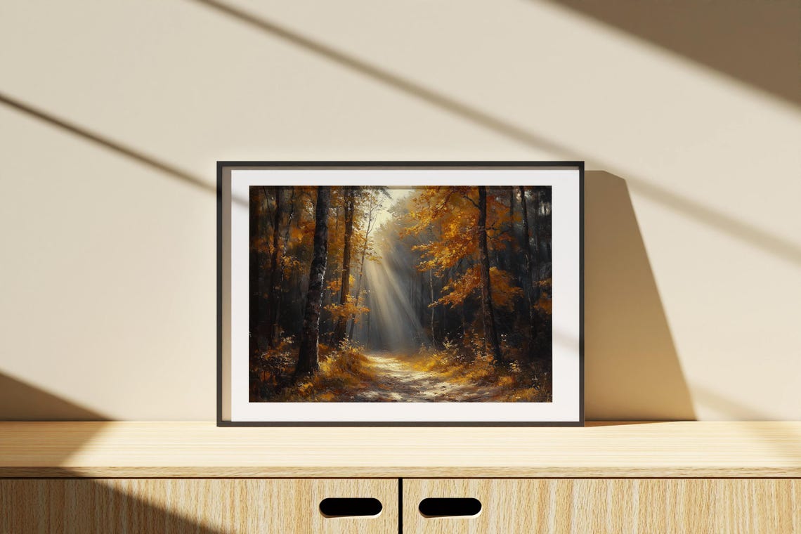 Sunbeams Through Autumn Forest Path Golden Fall Landscape Oil Poster - Image 4