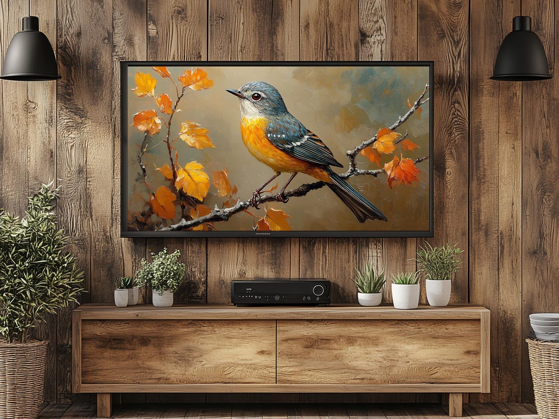 Orange Breasted Songbird On Branch With Autumn Leaves Oil Style Poster - Image 3