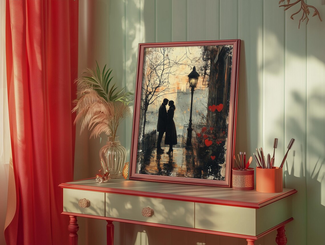 Romantic City Lovers Kiss on a Rainy Lamplit Street at Night Poster - Image 5