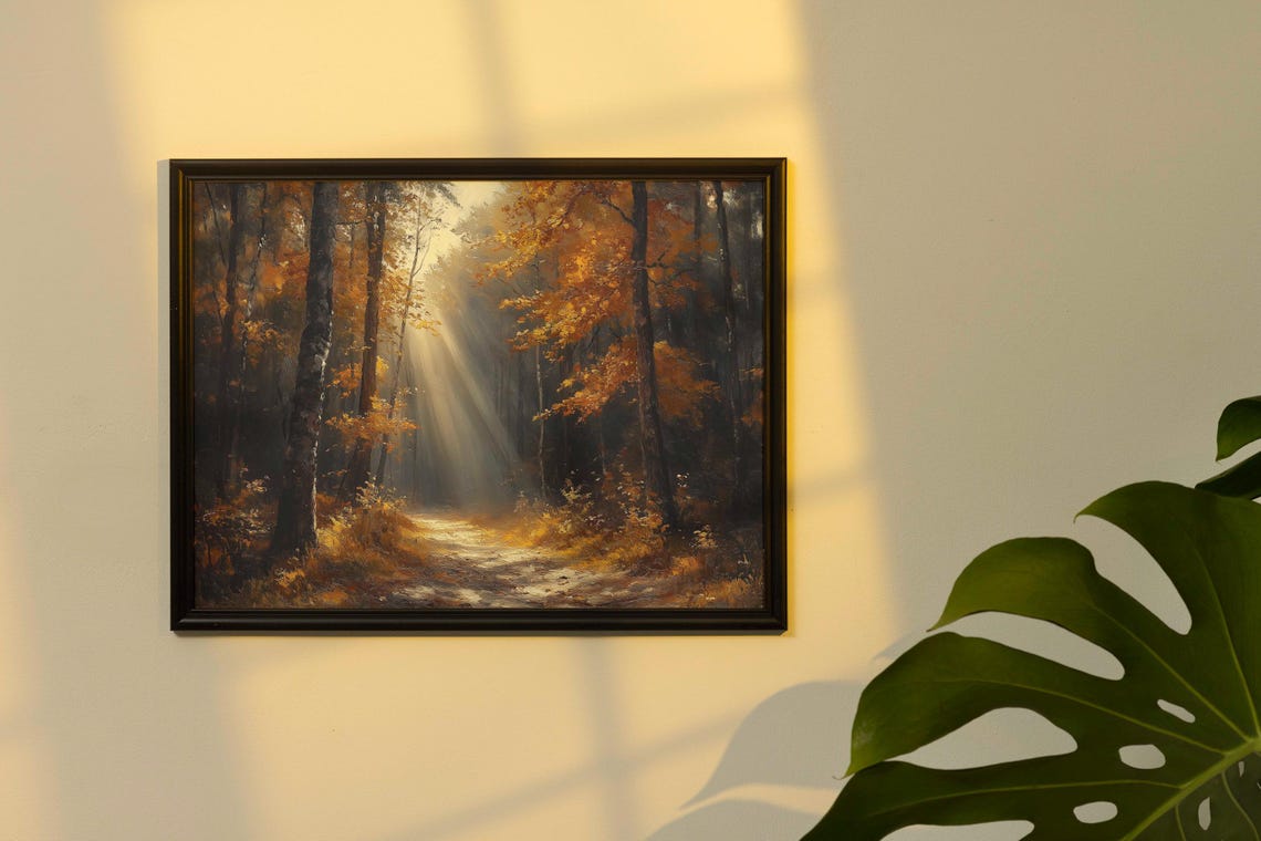 Sunbeams Through Autumn Forest Path Golden Fall Landscape Oil Poster - Image 3