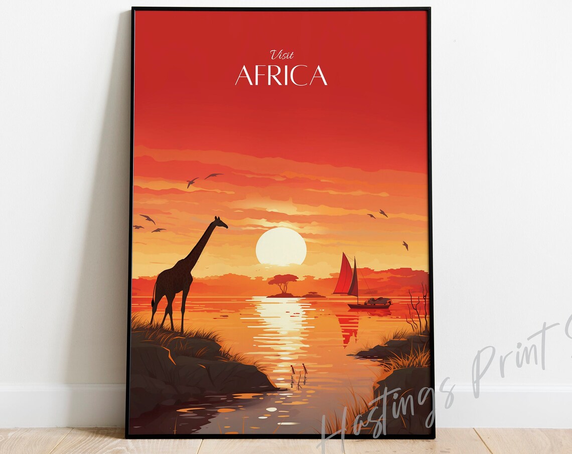 Visit Africa Giraffe Sunset Safari Lake Sailboat Vintage Travel Poster