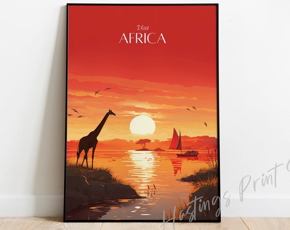 Africa Travel Print Vintage Sunset Landscape Custom Text Available