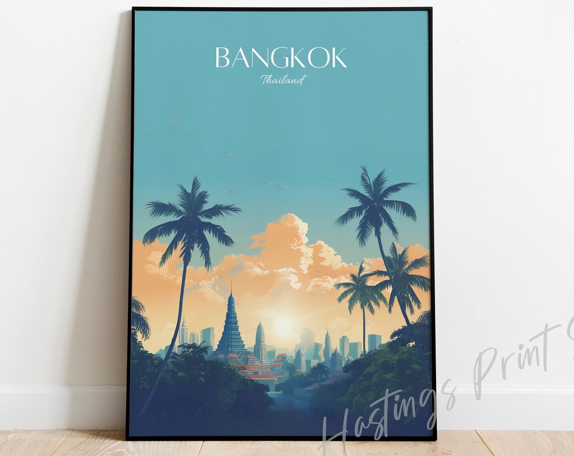 Bangkok Thailand Sunset Skyline Vintage Travel Poster Palm Trees