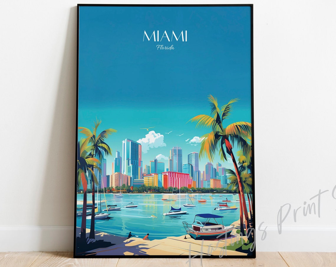 Miami Florida Skyline Palm Trees Bay Beach Vintage Travel Poster