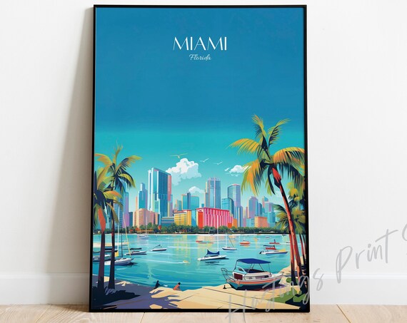 Miami Florida Skyline Palm Trees Bay Beach Vintage Travel Poster