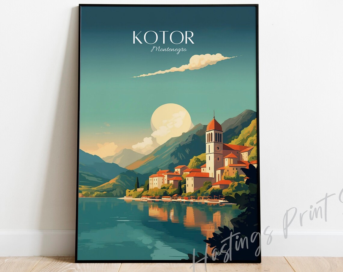 Kotor Montenegro Vintage Travel Poster Lakeside Old Town View