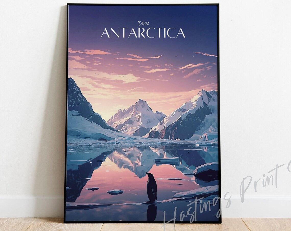 Visit Antarctica Penguin Snowy Mountain Peaks Vintage Travel Poster