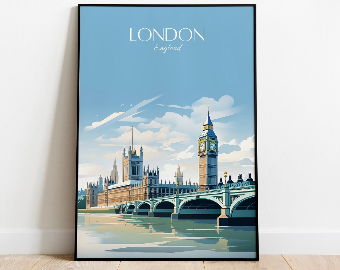 London Skyline Print Vintage Travel Poster Custom Text Available