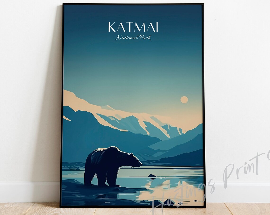 Katmai National Park Brown Bear River Moon Vintage Travel Poster