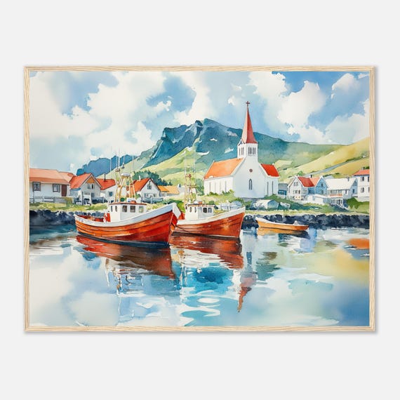 Iceland Village Watercolor Painting Print, Town of Vik