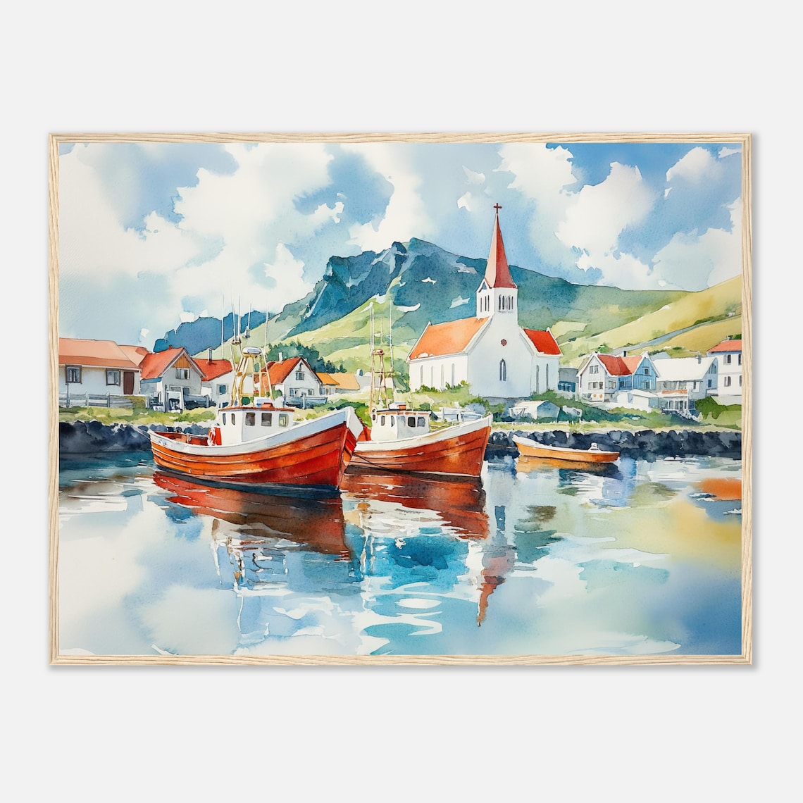 Iceland Village Watercolor Painting Print, Town of Vik