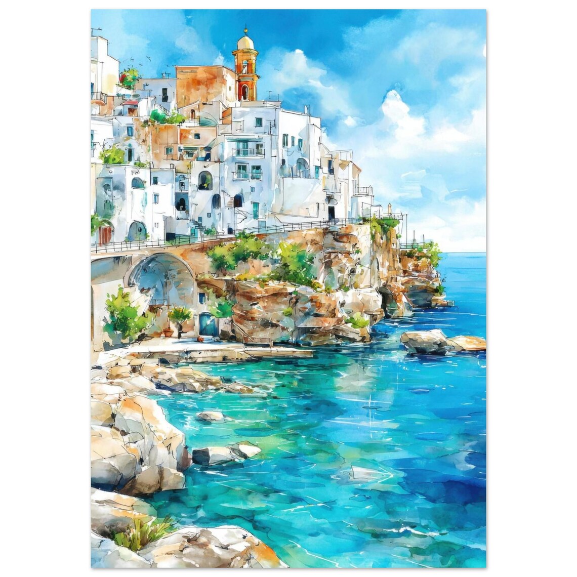 Vieste Apulia Cliffside Village Over Turquoise Sea Watercolor Poster