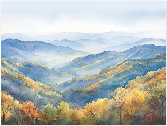 Blue Ridge Mountains Watercolor Painting, North Carolina Wall Art Print