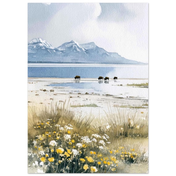 Great Salt Lake Bison Watercolor Print Utah Landscape Wall Art Wildlife Painting Mountain Decor By Nataliaayuart