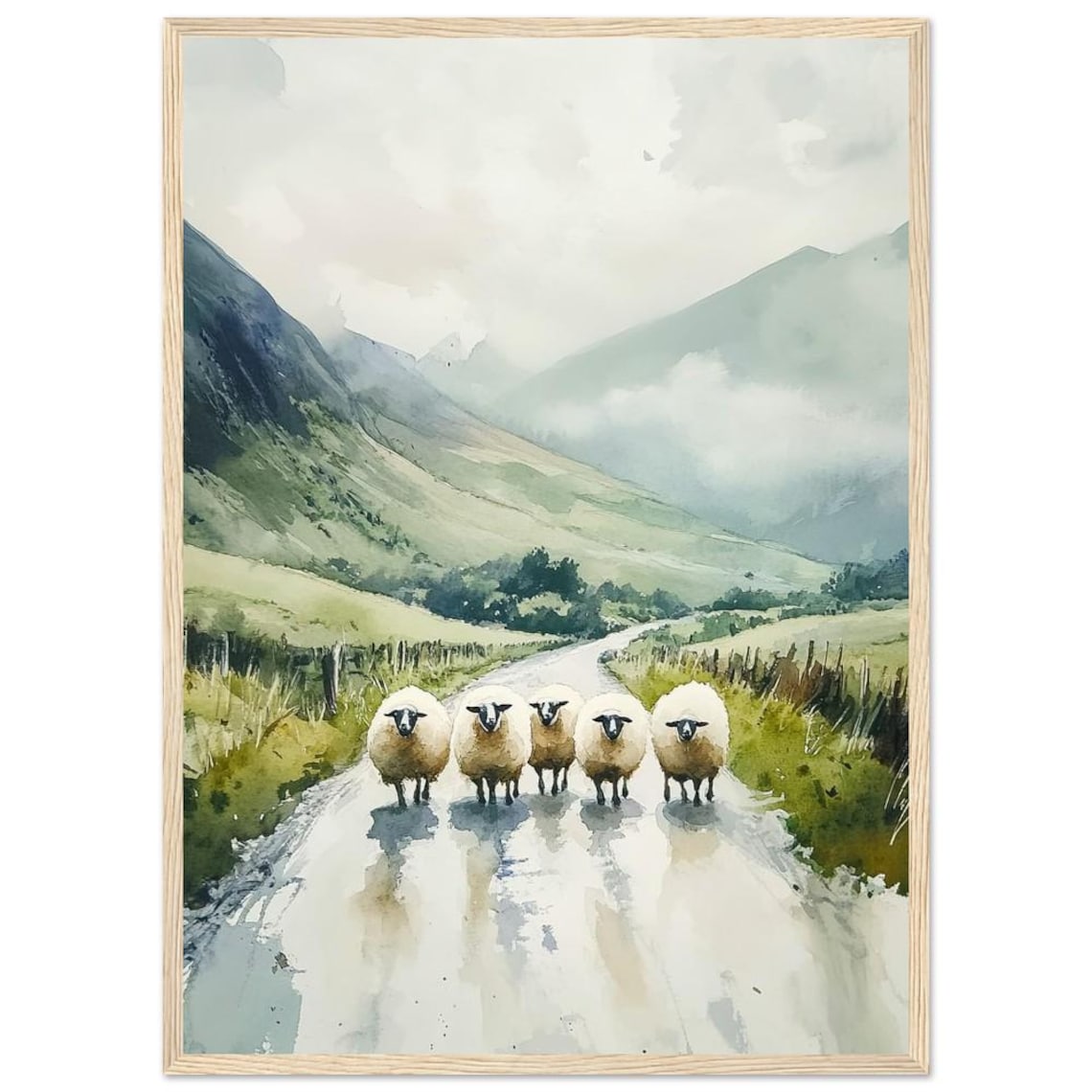Irish Sheep Watercolor Art Print, Rustic Ireland Landscape