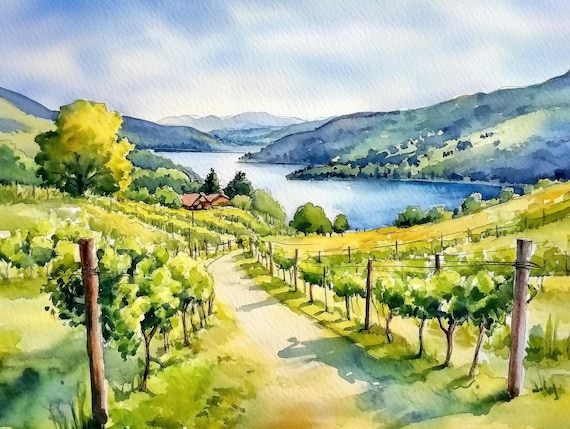 Keuka Lake Vineyard Summer Day Watercolor Landscape Art Print