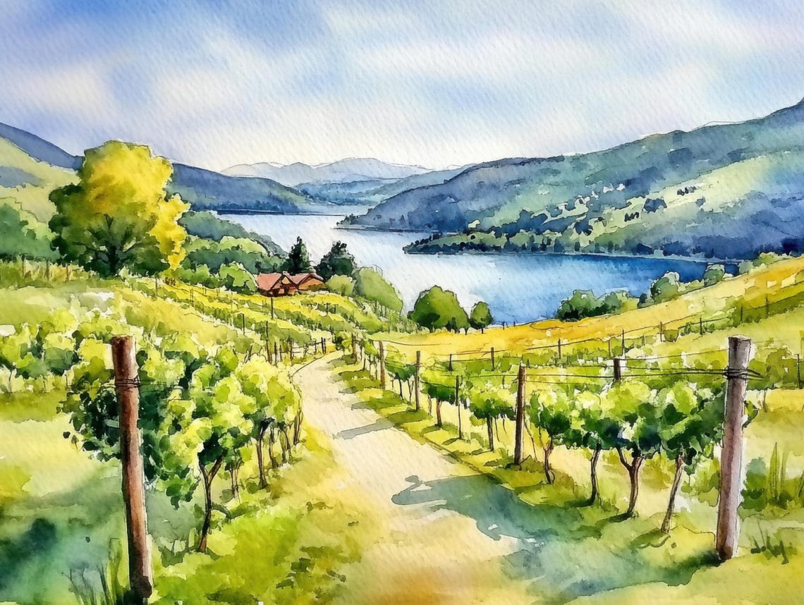 Keuka Lake Vineyard Summer Day Watercolor Landscape Art Print