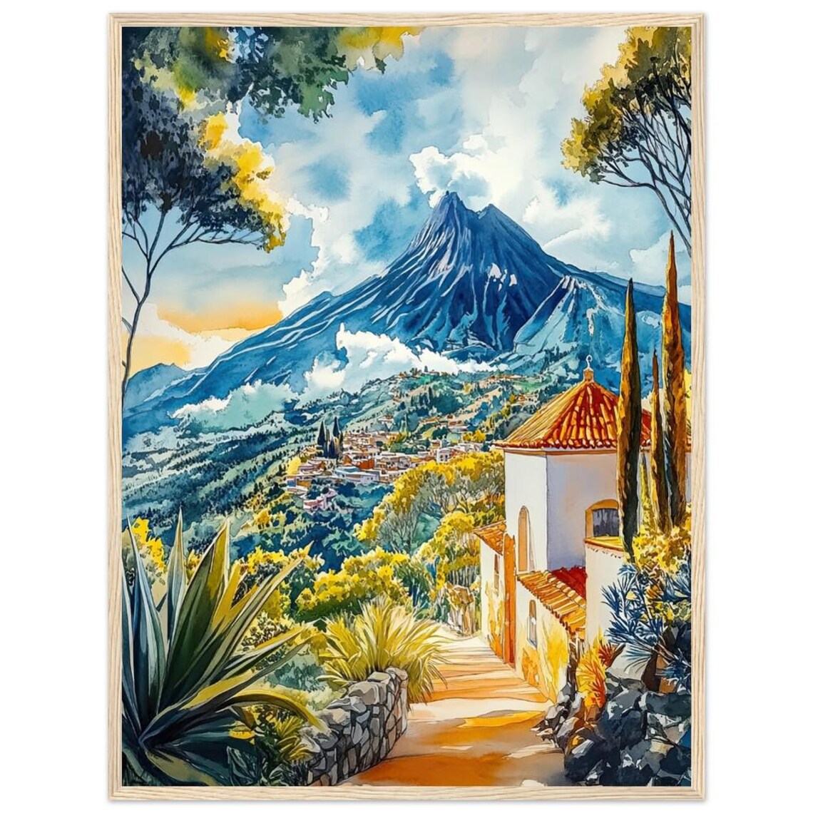 Colima Volcano Watercolor Travel Poster, Mexico
