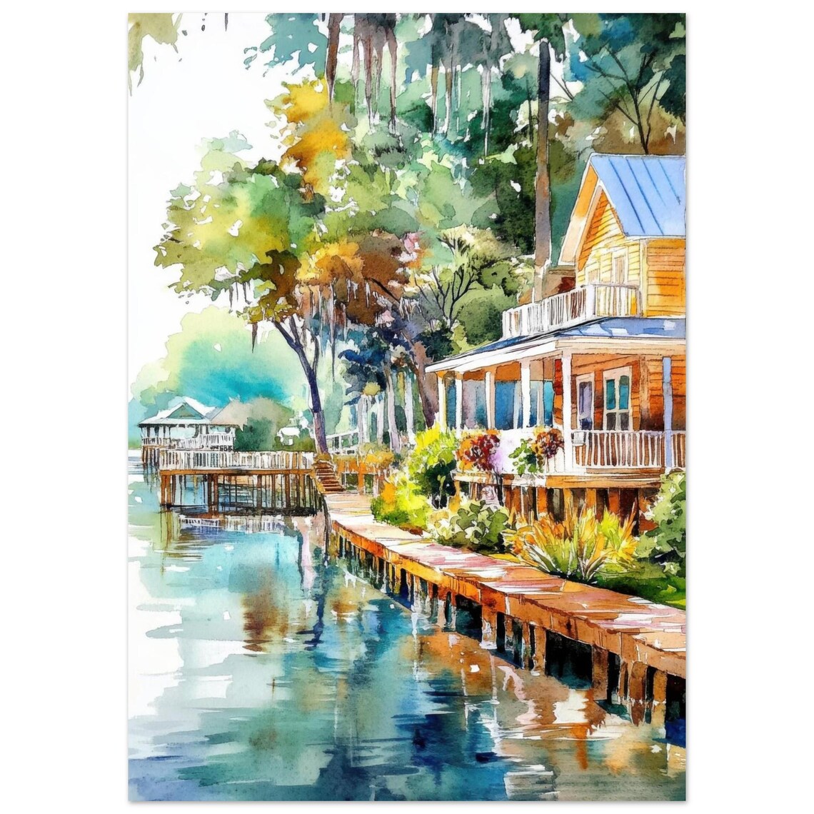 Hilton Island Watercolor Print Southern Canal Scene Wall Art South Carolina Lake House Painting Coastal Artwork By Nataliaayuart