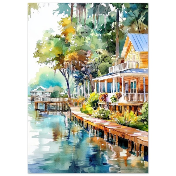Hilton Island Canal Watercolor Lake House Boardwalk Scene Print