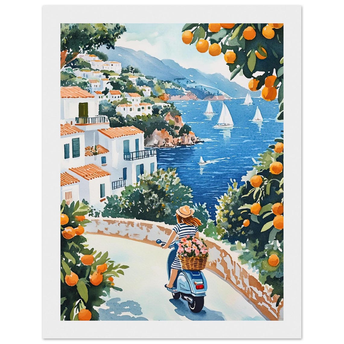 Amalfi Coast Scooter Ride Along Coastal Village Watercolor Poster