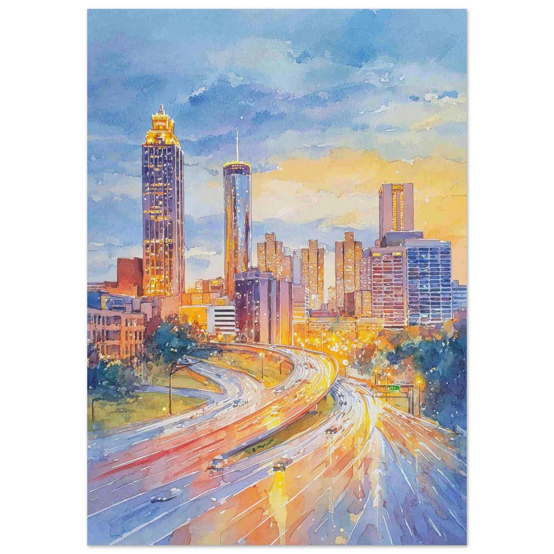Atlanta Georgia Dusk Skyline Watercolor Highway Lights Poster