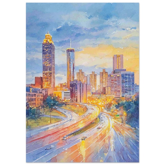 Atlanta Georgia Dusk Skyline Watercolor Highway Lights Poster