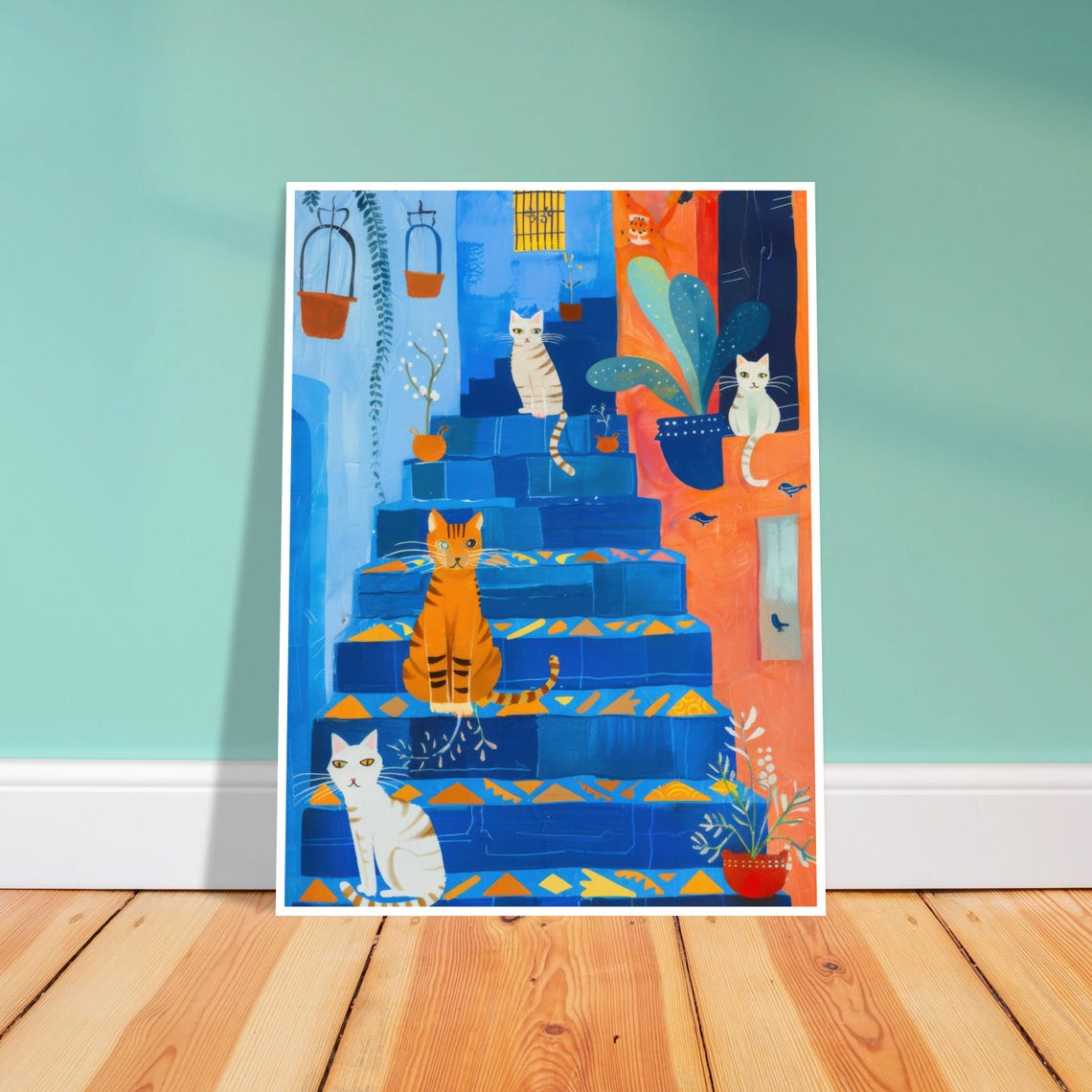 Cats on Blue Stairs Moroccan Alley Four Cats Illustration Poster - Image 3