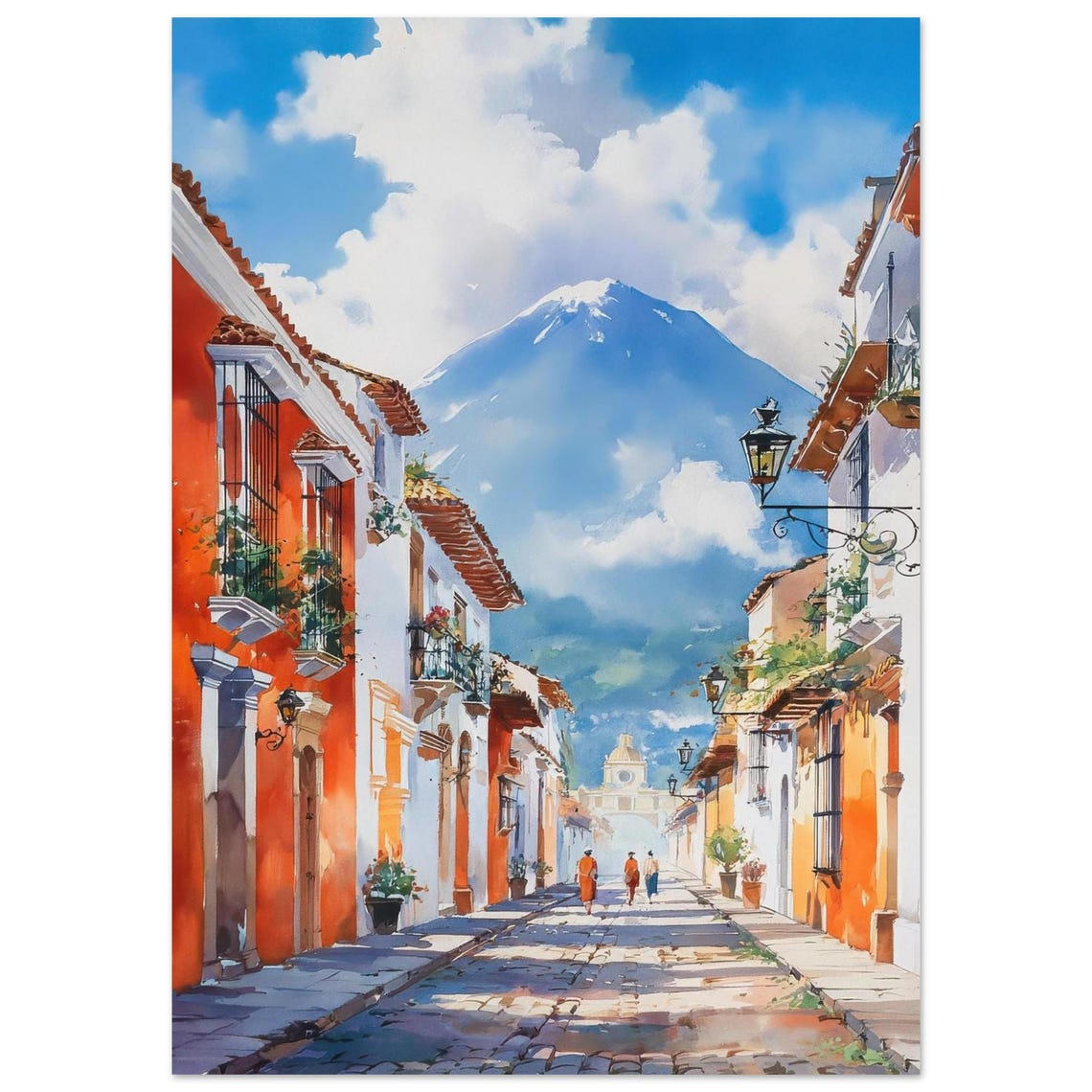 Antigua Guatemala Cobblestone Street Volcano Agua Watercolor Poster
