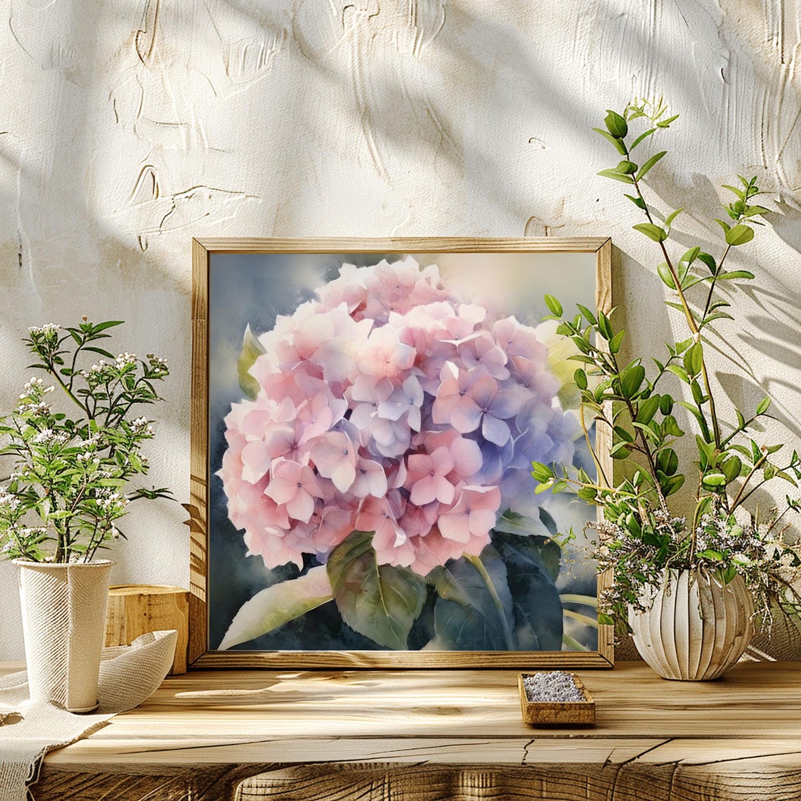 Hydrangea Soft Pink And Blue Blossom Heads Watercolor Poster - Image 3