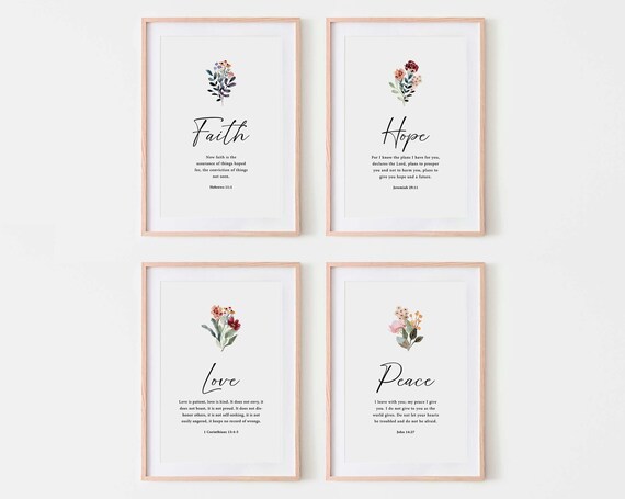 Faith Hope Love Peace Scripture Verses Floral Four Piece Art Set Poster